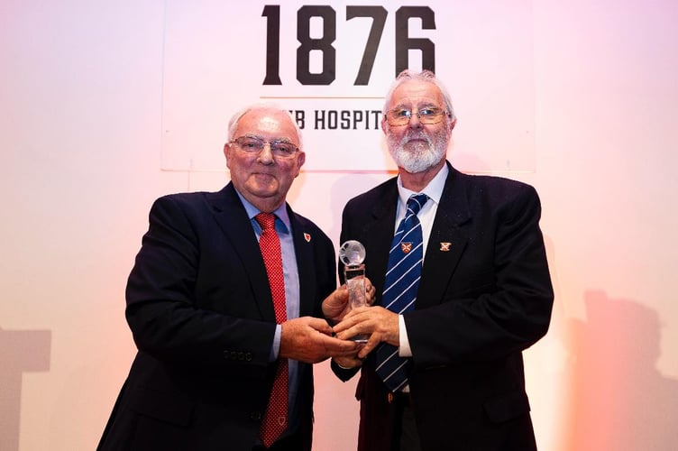 Abergavenny Town FC's Sam Schwank (Vice Chairman) and Alun Auty (Committee & Board Member and Groundsman) accepted the 2024–25 Fair Play Award Trophy for the South East Ardal League 