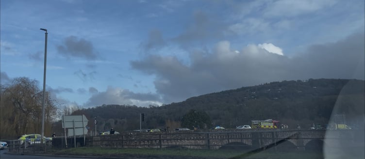 Police and emergency service vehicles on Wye Bridge on January 25 which has been closed to traffic.