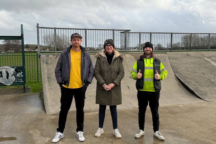 Catherine Fookes MP at Caldicot Skate Park with Matthew and Ollie from the Caldicot Skatepark Committee