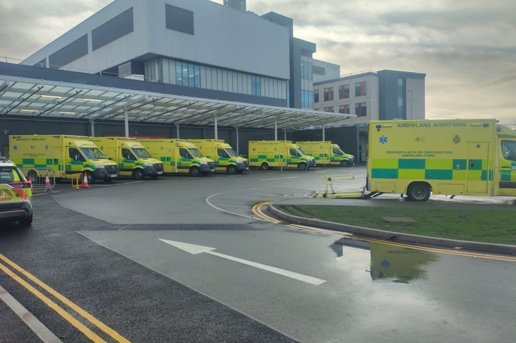 Ambulances line up at The Grange University Hospital, Cwmbran