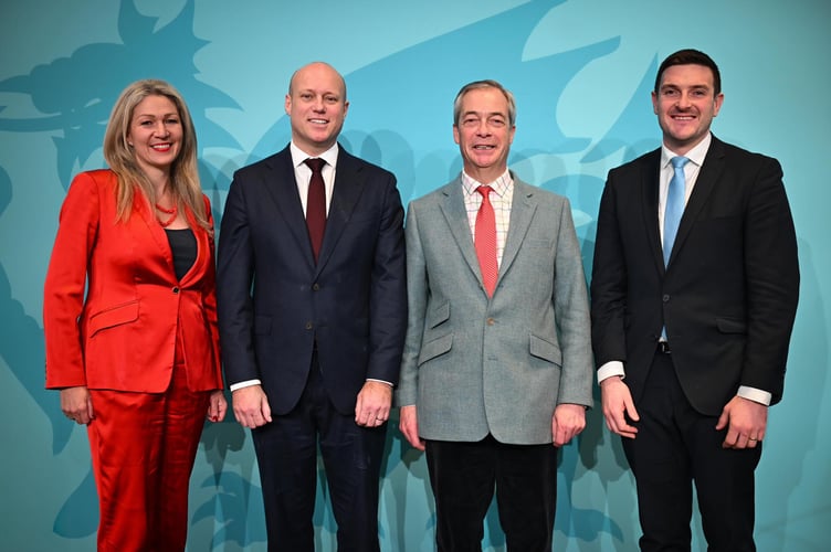 James Evans, right, here with Dan Thomas, Nigel Farage and fellow MS Laura Anne Jones, has ruled himself out of a leadership contest