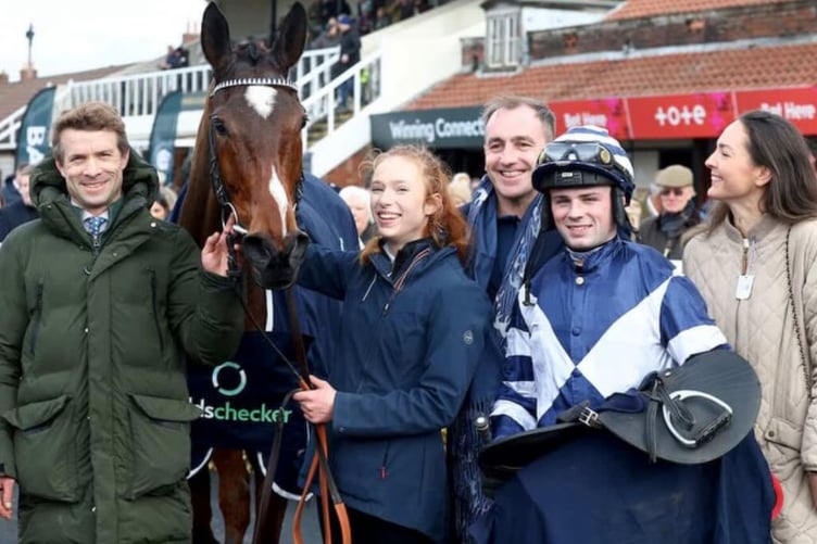 Sam Thomas, left, with Steel Ally and the team on a more successful day. Photo: Sam Thomas Racing