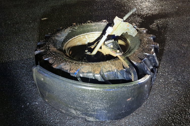 Close-up of the wheel that came off