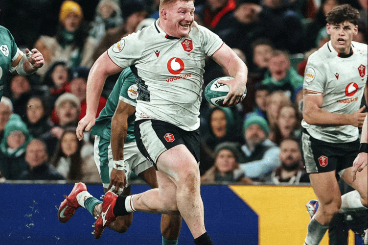 Wales prop Rhys Carre breaks free to score for Wales in Dublin