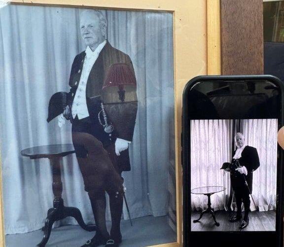 Old and new - a digital image of William Watkins alongside the official portrait of his grandfather