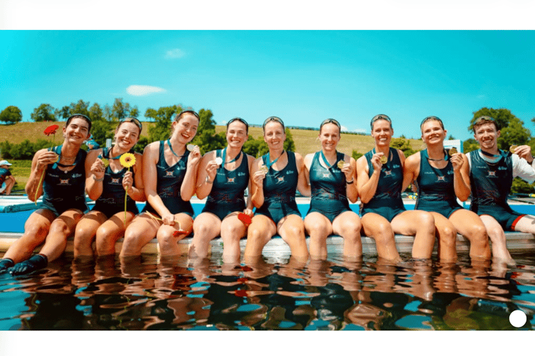 Jack Tottem, far right, and the winning GB women's 8 take a dip after winning World Cup gold in Switzerland