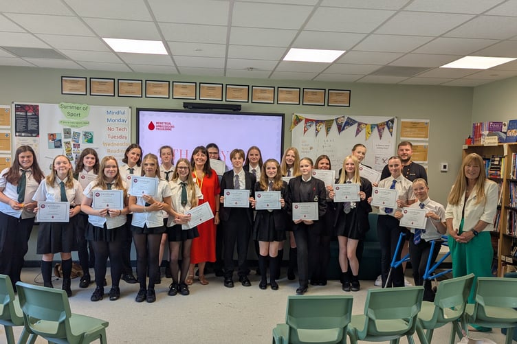 Students with period dignity message at KHS Abergavenny