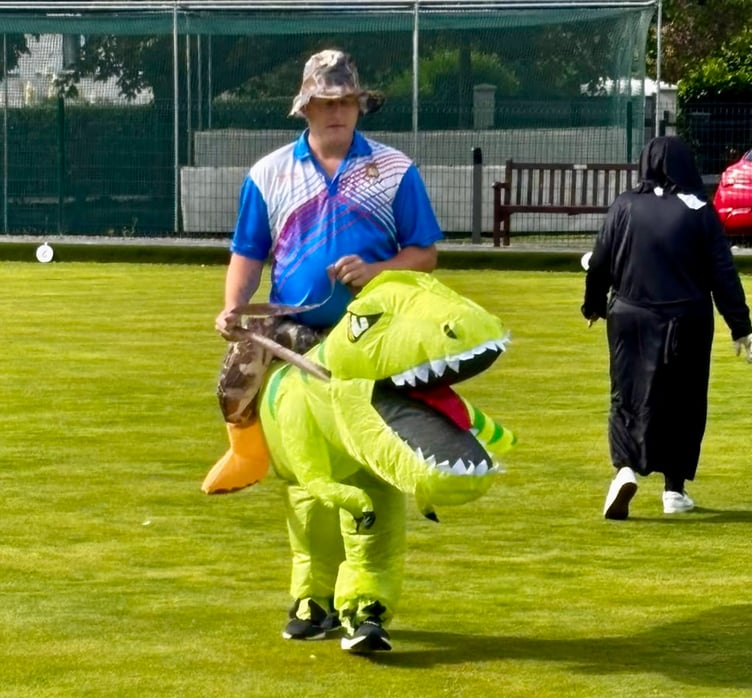 A dinosaur on the green at Abergavenny Bowls Club