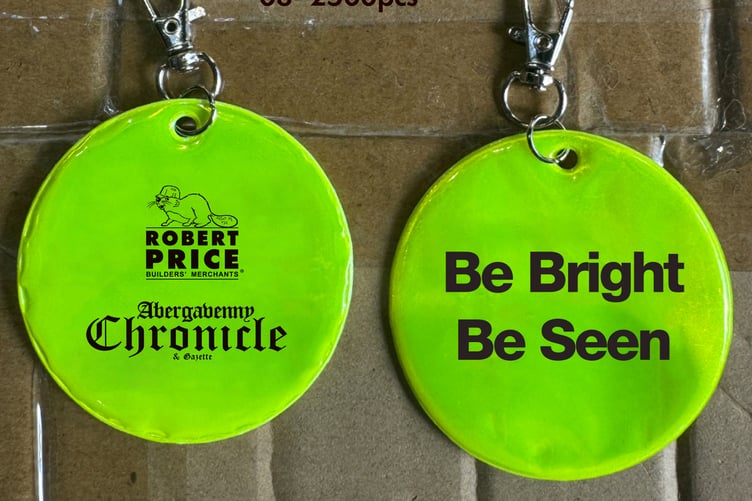 Reflective keyrings being given away by the Abergavenny Chronicle