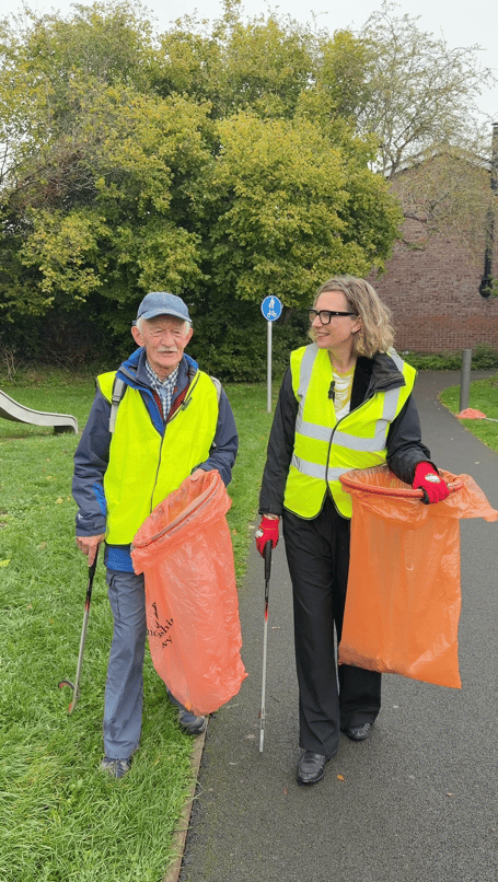 Catherine Fookes MP and Jim Handley Litter Picking in Monmouth