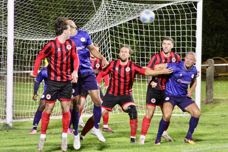 Goalmouth action from the Goytre v Cwmbran clash